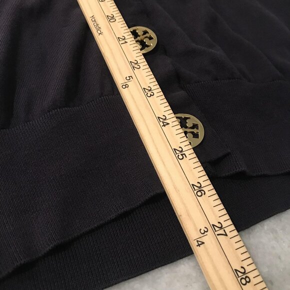 Tory Burch Cardigan Sweater Womens Medium Navy Blue Gold Logo Buttons V Neck - Picture 7 of 7